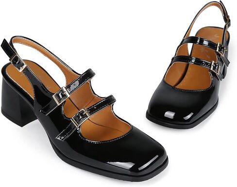 KISSASA Punk Goth Chunky Mary Janes Patent Leather Slingback Square Toe Pumps Metallic Heels in Saudi Arabia