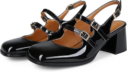 KISSASA Punk Goth Chunky Mary Janes Patent Leather Slingback Square Toe Pumps Metallic Heels in Saudi Arabia
