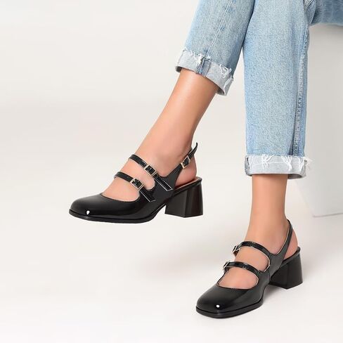 KISSASA Punk Goth Chunky Mary Janes Patent Leather Slingback Square Toe Pumps Metallic Heels in Saudi Arabia