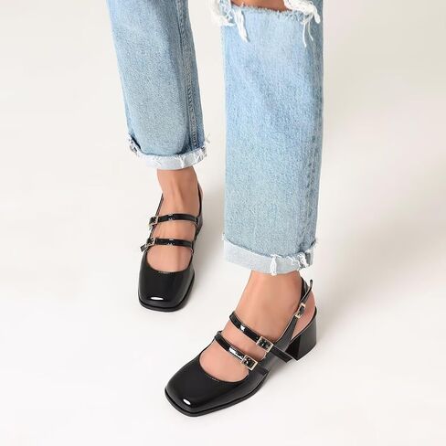 KISSASA Punk Goth Chunky Mary Janes Patent Leather Slingback Square Toe Pumps Metallic Heels in Saudi Arabia