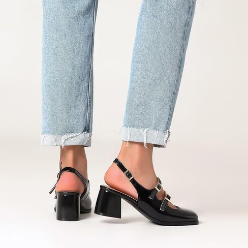 KISSASA Punk Goth Chunky Mary Janes Patent Leather Slingback Square Toe Pumps Metallic Heels in Saudi Arabia