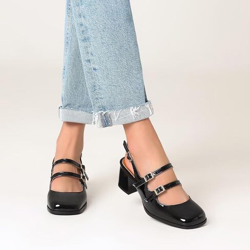KISSASA Punk Goth Chunky Mary Janes Patent Leather Slingback Square Toe Pumps Metallic Heels in Saudi Arabia