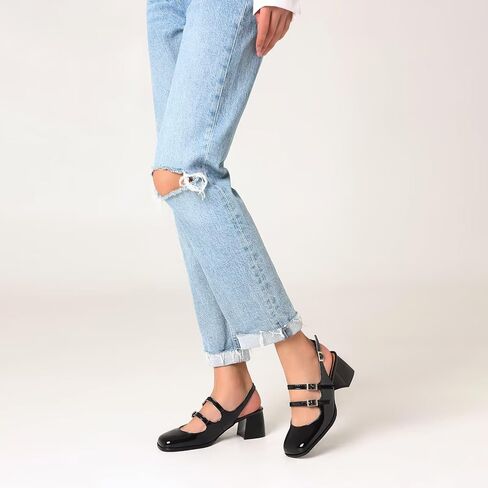 KISSASA Punk Goth Chunky Mary Janes Patent Leather Slingback Square Toe Pumps Metallic Heels in Saudi Arabia