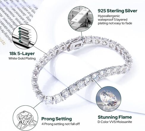 سوار تنس حقيقي مويسانيت للنساء | 2.1-15CT Round Cut D Color VVS1 | 18K الذهب الأبيض مطلي 925 ستيرلنج الفضة | عرض 2-3 مم ， الحجم 6-7.5 بوصة | GRA معتمد | in Saudi Arabia