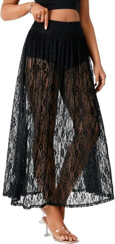 Lyaner Women's Lace Mesh Mesh Ruched Rucker A Lister A Line مع شورتات داخلية مثيرة تنورة طويلة in Saudi Arabia