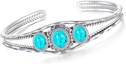 Genuine 3 Turquoise Stone Large Bracelet, Sterling Silver Boho Adjustable Bangle Cuff Native American Jewelry for Women, Fit for 6.5 7 7.5 Inches in Saudi Arabia