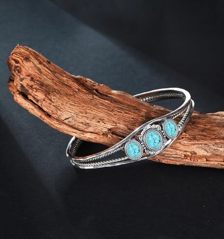Genuine 3 Turquoise Stone Large Bracelet, Sterling Silver Boho Adjustable Bangle Cuff Native American Jewelry for Women, Fit for 6.5 7 7.5 Inches in Saudi Arabia
