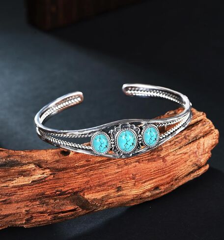 Genuine 3 Turquoise Stone Large Bracelet, Sterling Silver Boho Adjustable Bangle Cuff Native American Jewelry for Women, Fit for 6.5 7 7.5 Inches in Saudi Arabia