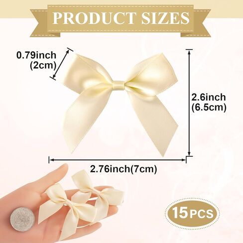 15pcs Mini Gift Wrap Bows, Self-Adhesive Small Satin Ribbon Crafts Bow, Premade Tiny Bowknot for Christmas Wedding Birthday Party Decoration Flowers Cookies Gift Wrapping- Beige in Kuwait