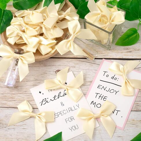 15pcs Mini Gift Wrap Bows, Self-Adhesive Small Satin Ribbon Crafts Bow, Premade Tiny Bowknot for Christmas Wedding Birthday Party Decoration Flowers Cookies Gift Wrapping- Beige in Kuwait