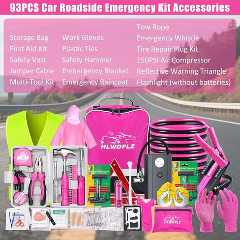 Car Roadside Emergency Kit, Vehicle Truck Safety Emergency Road Side Assistance Kits with Jumper Cables, Auto Air Compressor Tire Inflator, Pink in Saudi Arabia