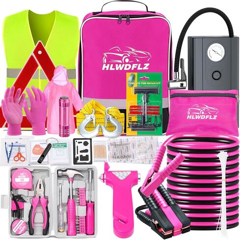 Car Roadside Emergency Kit, Vehicle Truck Safety Emergency Road Side Assistance Kits with Jumper Cables, Auto Air Compressor Tire Inflator, Pink in Saudi Arabia
