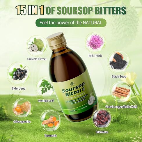 Soursop Bitters Liquid with Black Seed, Turmeric & Moringa-Pure 15 in 1 Herb Soursop Tea for Immune System, Digestive & Gut Health, Antioxidant,Skin Health Support 8 fl oz in Saudi Arabia