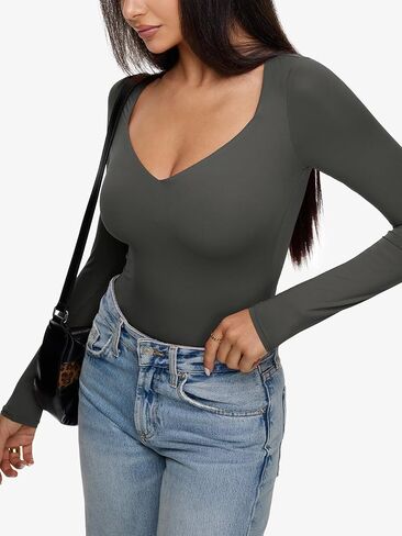 REORIA Long Sleeve Bodysuits for Women Square V Neck Going Out Top Double Lined Thong Body Suit Sexy Slimming Shirt 2025 Fall in Saudi Arabia