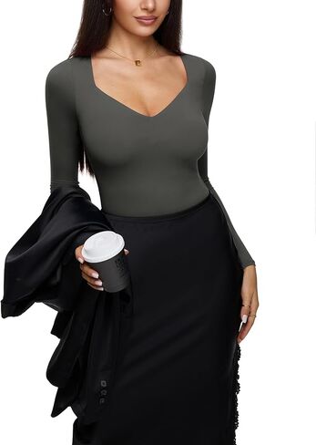 REORIA Long Sleeve Bodysuits for Women Square V Neck Going Out Top Double Lined Thong Body Suit Sexy Slimming Shirt 2025 Fall in Saudi Arabia