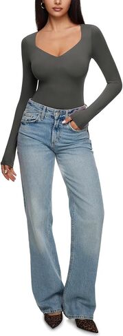 REORIA Long Sleeve Bodysuits for Women Square V Neck Going Out Top Double Lined Thong Body Suit Sexy Slimming Shirt 2025 Fall in Saudi Arabia