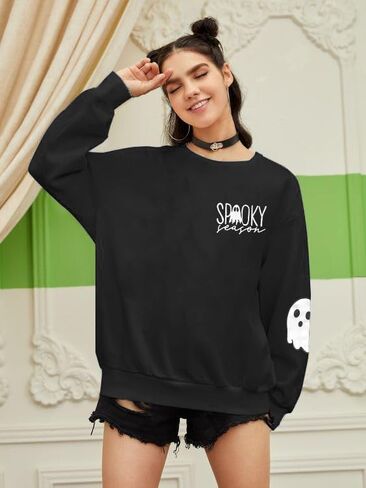 Halloween Sweatshirt for Women Spooky Season Long Sleeve Shirts Casual Ghost Crew Neck Pullover Tops in Saudi Arabia