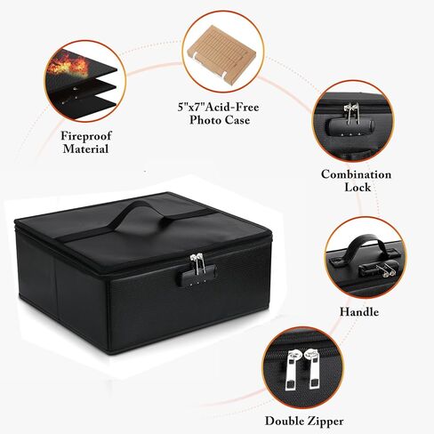 صندوق تخزين صور مقاوم للحريق مع قفل، 18 حافظة صور داخلية خالية من الأحماض مقاس 5 × 7 بوصة، منظم صور قابل للطي مع مقبض للصور والملصقات والطوابع والبذور in Kuwait