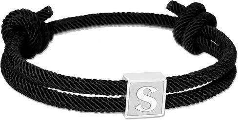 سوار الحبل الأولي المخصص للرجال ، الحبل الأسود المصنوع يدويًا قابلة للتعديل ， 7-13 بوصة ， سوار سحر حرف من الفولاذ المقاوم للصدأ A-Z ， هدايا للرجال ， الإخوة in Kuwait
