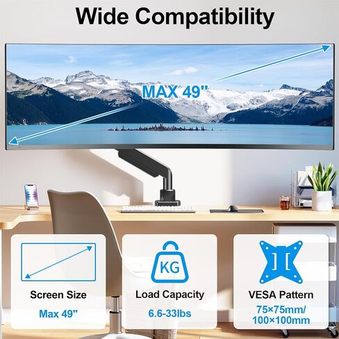 Single Monitor Mount for Max 49 inches Ultrawide Computer Screen, Premium Aluminum Heavy Duty Gas Spring Monitor Arm Hold 4.4 to 44 lbs, Full Motion Monitor Desk Mount, VESA Mount 75/100mm in Saudi Arabia
