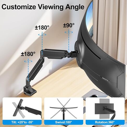Single Monitor Mount for Max 49 inches Ultrawide Computer Screen, Premium Aluminum Heavy Duty Gas Spring Monitor Arm Hold 4.4 to 44 lbs, Full Motion Monitor Desk Mount, VESA Mount 75/100mm in Saudi Arabia