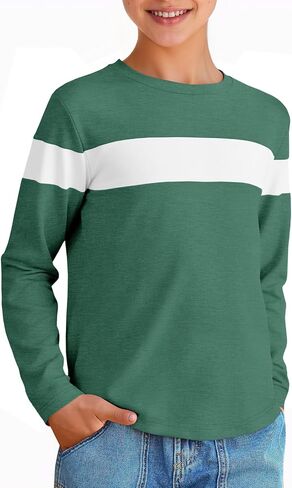 Imily Bela Kids Boys T Shirts Casual Long Sleeve Color Block Tops Crewneck Loose Basic Tees 5-14 Years in Saudi Arabia