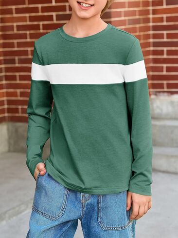 Imily Bela Kids Boys T Shirts Casual Long Sleeve Color Block Tops Crewneck Loose Basic Tees 5-14 Years in Saudi Arabia