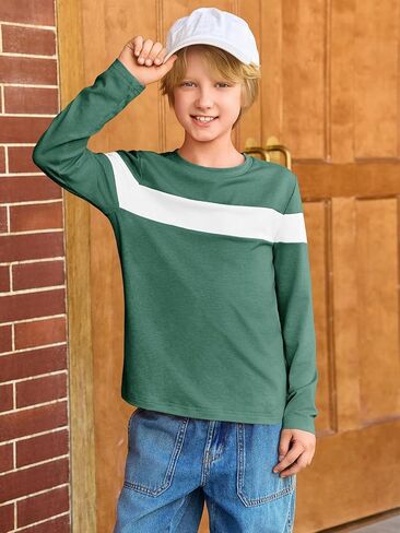 Imily Bela Kids Boys T Shirts Casual Long Sleeve Color Block Tops Crewneck Loose Basic Tees 5-14 Years in Saudi Arabia