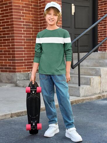 Imily Bela Kids Boys T Shirts Casual Long Sleeve Color Block Tops Crewneck Loose Basic Tees 5-14 Years in Saudi Arabia