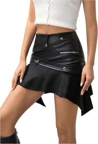 MakeMechic Women's Summer Pu Leather Mini Skirt Mini Chull Hend Street Party Party غير متماثل التنانير القصيرة in Kuwait