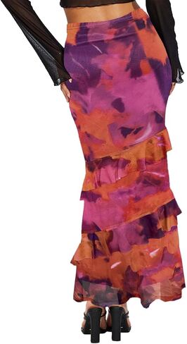 SEBOWEL Women Floral Mesh Long Skirt Tiered Sheer See Through Skirt Bohemian Boho High Waist Bodycon Mesh Ruffle Maxi Skirt in Saudi Arabia