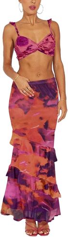 SEBOWEL Women Floral Mesh Long Skirt Tiered Sheer See Through Skirt Bohemian Boho High Waist Bodycon Mesh Ruffle Maxi Skirt in Saudi Arabia