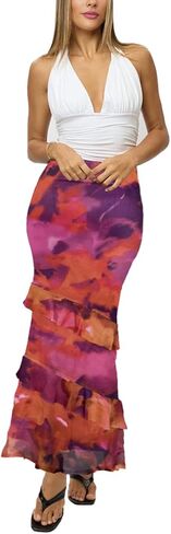 SEBOWEL Women Floral Mesh Long Skirt Tiered Sheer See Through Skirt Bohemian Boho High Waist Bodycon Mesh Ruffle Maxi Skirt in Saudi Arabia