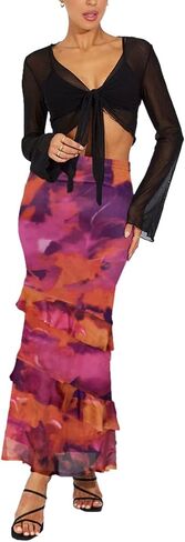 SEBOWEL Women Floral Mesh Long Skirt Tiered Sheer See Through Skirt Bohemian Boho High Waist Bodycon Mesh Ruffle Maxi Skirt in Saudi Arabia