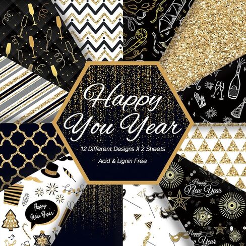 24 Sheets Festival Celebration Scrapbook Paper Black Gold Patterned 6 Inches Single-Sided Square Craft Paper Happy New Year Decor Origami Paper for Gift Card Making Die Cuts - 12 Design in Saudi Arabia