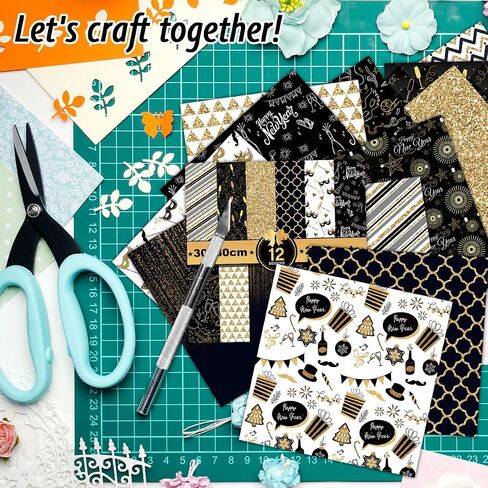24 Sheets Festival Celebration Scrapbook Paper Black Gold Patterned 6 Inches Single-Sided Square Craft Paper Happy New Year Decor Origami Paper for Gift Card Making Die Cuts - 12 Design in Saudi Arabia