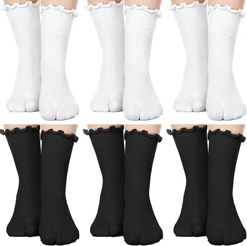 Bencailor 6 Pairs Tabi Split Toe Socks Ruffle Frilly Tabi Socks Elastic Cotton Sandal Socks for Men Women (Black, White) in Saudi Arabia