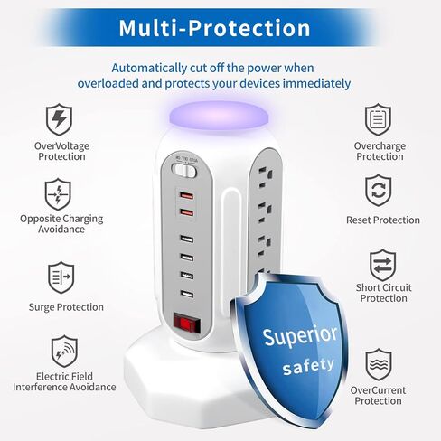 Power Strip Tower with Colorful Night Light,15 Outlets 6 USB Ports, Surge Protector with USB Fast Charger & 6.5ft Extension Cord, Outlet Overload Protection for Home, Office(Black) in Saudi Arabia