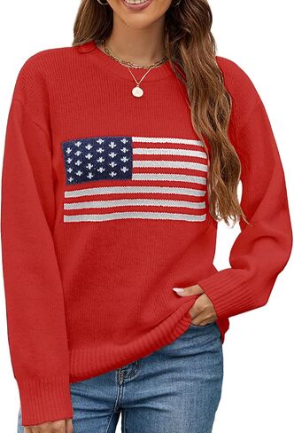 Luckinbaby American Flag Sweater for Women Striped Star Sweaters USA Sweatshirt Patriotic Knitted Loose Pullover Top in Saudi Arabia