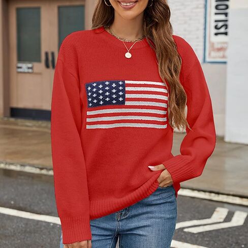 Luckinbaby American Flag Sweater for Women Striped Star Sweaters USA Sweatshirt Patriotic Knitted Loose Pullover Top in Saudi Arabia
