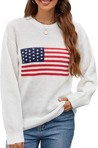 Luckinbaby American Flag Sweater for Women Striped Star Sweaters USA Sweatshirt Patriotic Knitted Loose Pullover Top in Saudi Arabia
