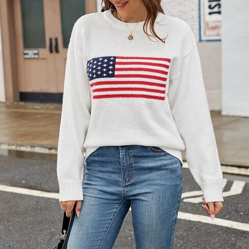 Luckinbaby American Flag Sweater for Women Striped Star Sweaters USA Sweatshirt Patriotic Knitted Loose Pullover Top in Saudi Arabia