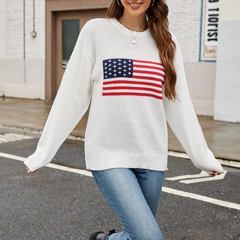 Luckinbaby American Flag Sweater for Women Striped Star Sweaters USA Sweatshirt Patriotic Knitted Loose Pullover Top in Saudi Arabia