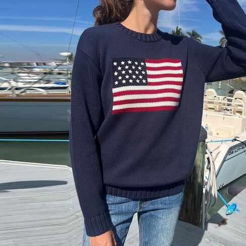 Luckinbaby American Flag Sweater for Women Striped Star Sweaters USA Sweatshirt Patriotic Knitted Loose Pullover Top in Kuwait