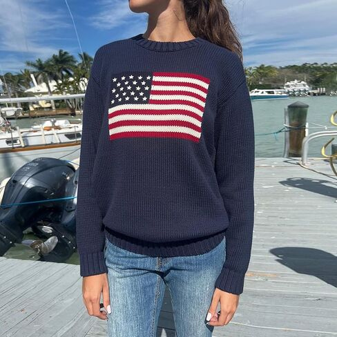 Luckinbaby American Flag Sweater for Women Striped Star Sweaters USA Sweatshirt Patriotic Knitted Loose Pullover Top in Kuwait