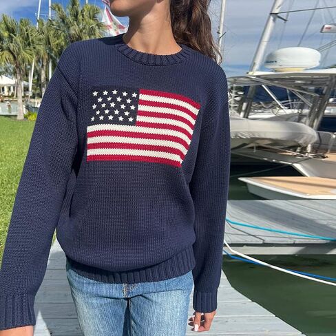 Luckinbaby American Flag Sweater for Women Striped Star Sweaters USA Sweatshirt Patriotic Knitted Loose Pullover Top in Kuwait