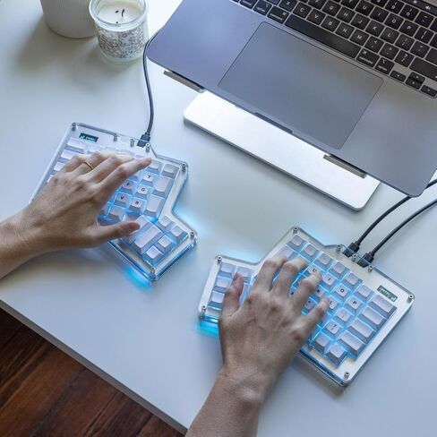 لوحة مفاتيح ميكانيكية مريحة من Apos ErgoDox 76 بوصة Hot DOX V2 - متعامدة الخطوط، شاشة مؤشر، برنامج QMK/VIA الثابت، RGB، USB-C، PBT Keycaps، Hotswap (مفاتيح نحاسية داكنة السرعة Kailh) in Kuwait