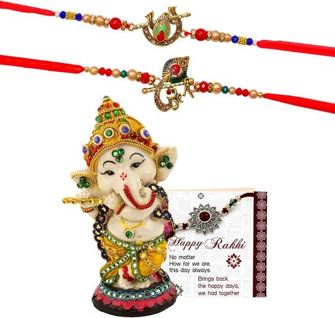 أشرطة مرتبطة Rakhi لأخ مع مجموعة الهدايا | مجموعة Bhai Rakhi من 2 | تمثال الله | بطاقة صغيرة | Roli Tika - Raksha Bandhan Bracelet for Brother in Saudi Arabia