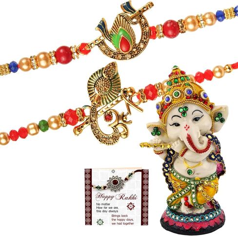أشرطة مرتبطة Rakhi لأخ مع مجموعة الهدايا | مجموعة Bhai Rakhi من 2 | تمثال الله | بطاقة صغيرة | Roli Tika - Raksha Bandhan Bracelet for Brother in Saudi Arabia