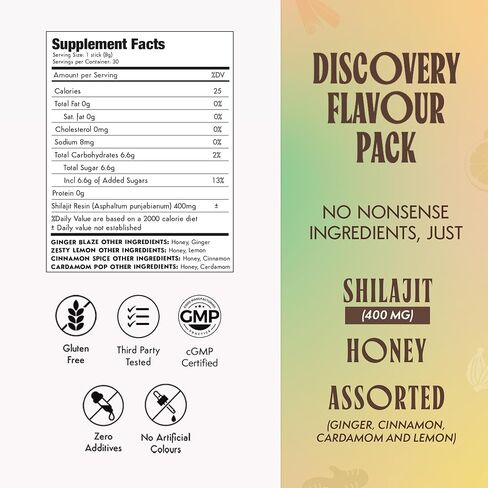 Pure Himalayan Shilajit Sticks with Honey | Discovery Set - Cardamom, Cinnamon, Ginger, Lemon | On-The-Go Natural Energy | 75%+ Fulvic Acid | 85+ Trace Minerals for Men & Women, Pack of 16 in Saudi Arabia